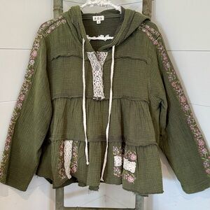 New POL 25collection: Olive/Emerald Green Hooded RuffleJacket with Floral Acc